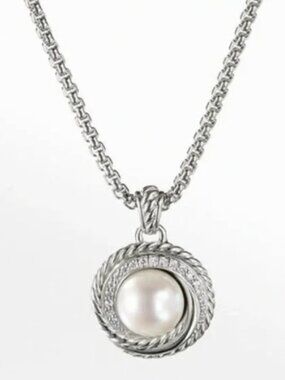 David Yurman Sterling Silver Pearl Diamond Cable Pendant Necklace 16-18" Box